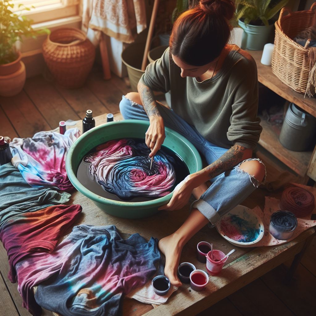 Woman Tie Dyeing Clothes sit inside a bowl