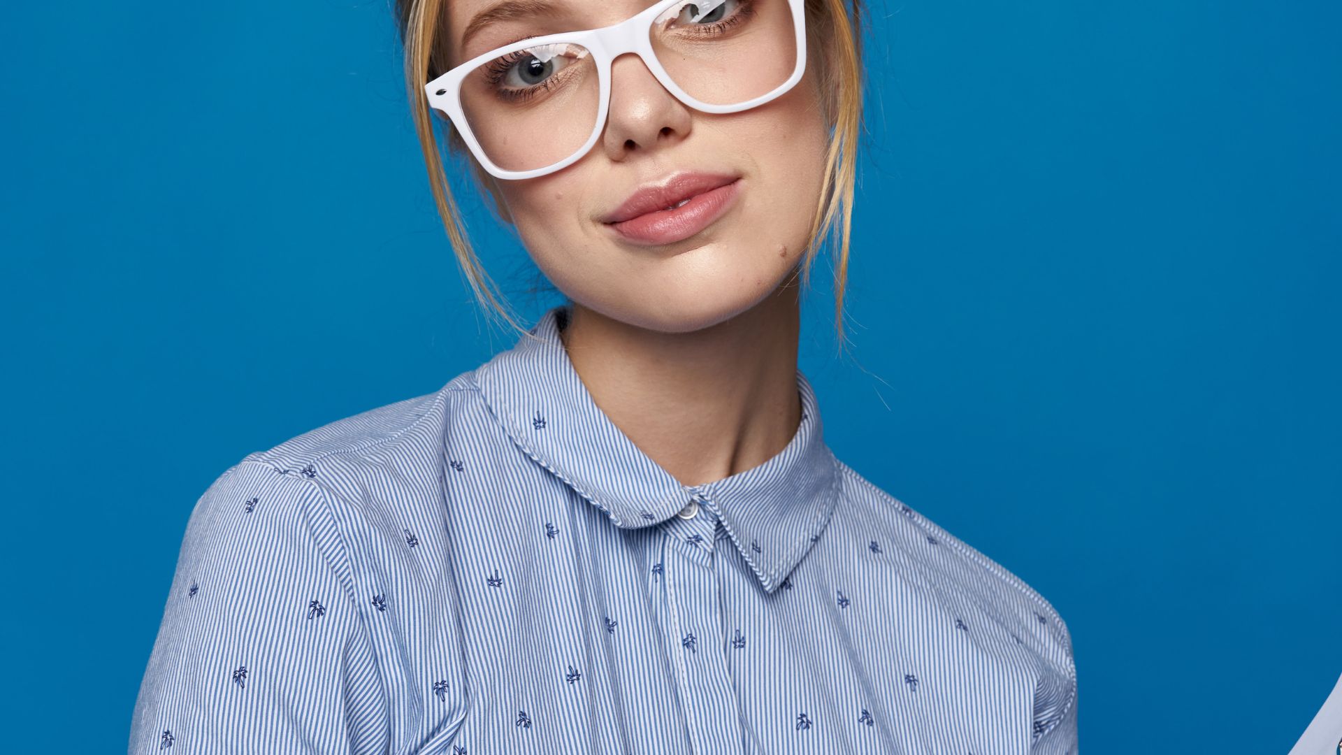 Business Woman Blonde in Glasses with Documents Work Blue Shirt