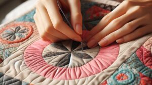 Close-up of woman's hand stitching quilting