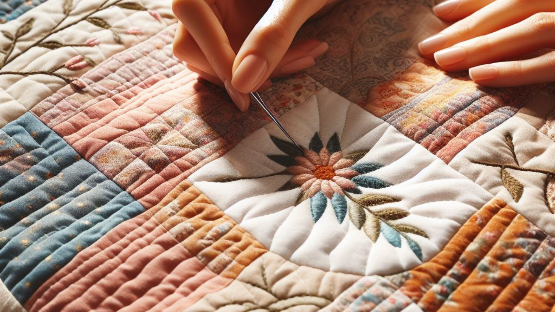 Close-up of woman's hand stitching quilting