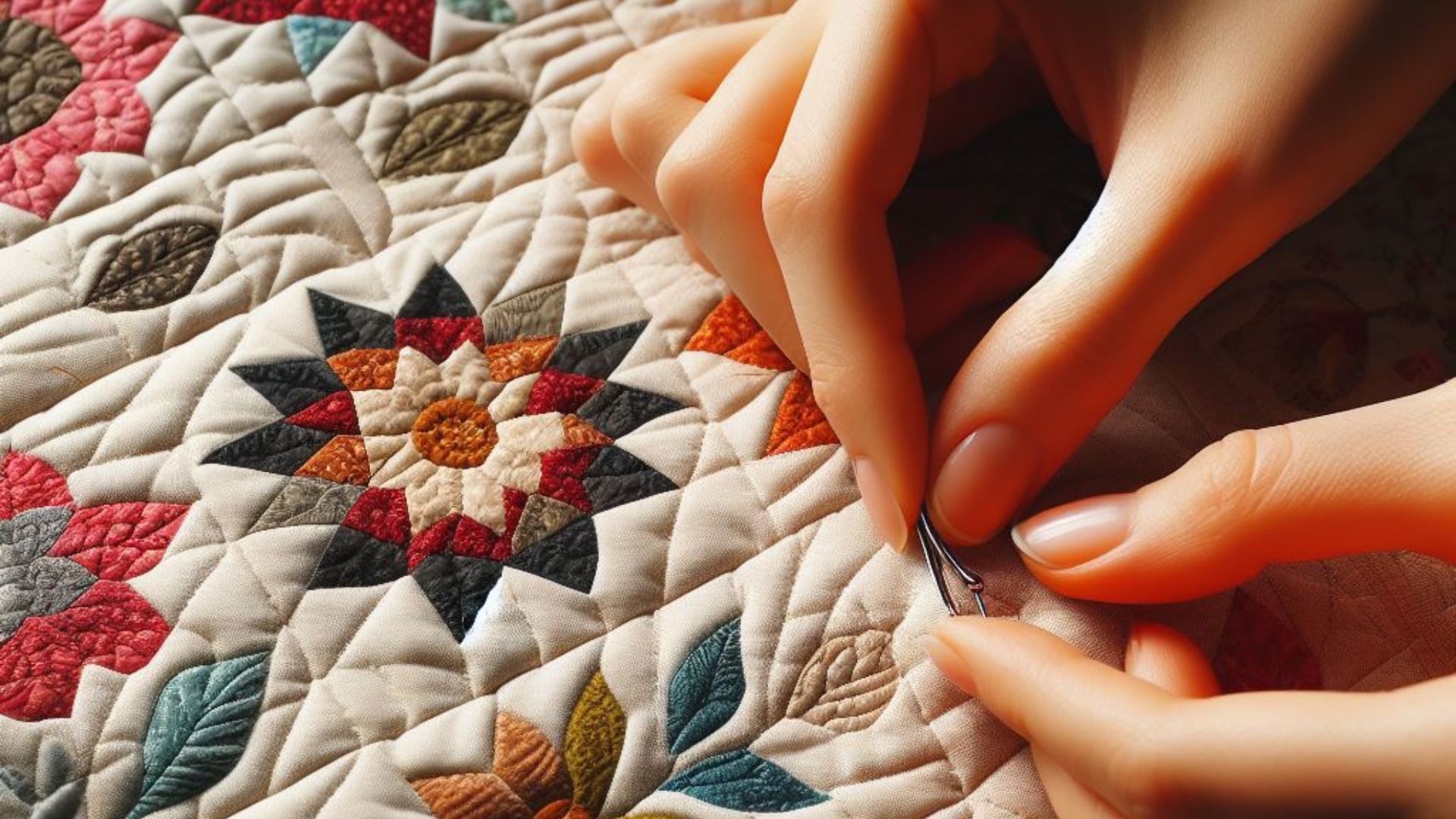 Close-up of woman's hand stitching quilting ,