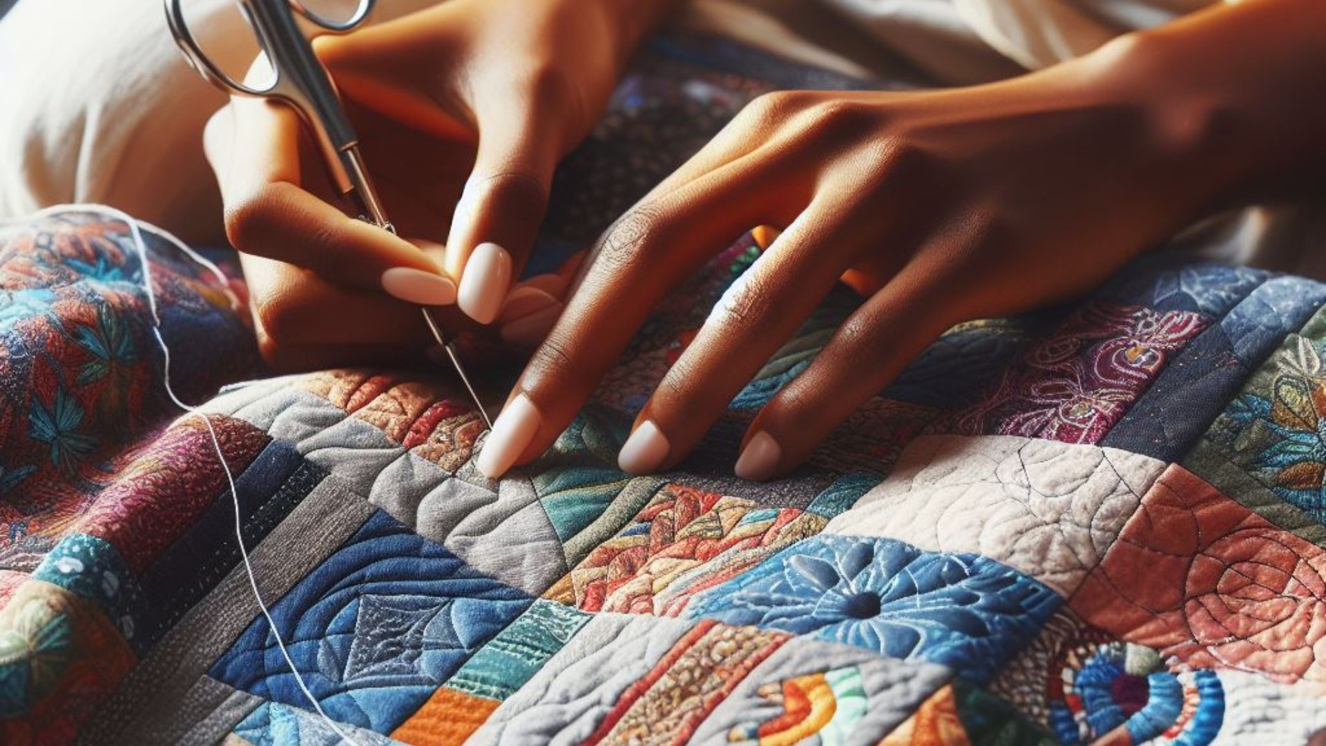 Close-up of woman's hand stitching quilting