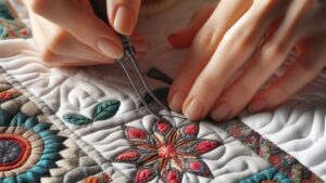 Close-up of woman's hand stitching quilting n