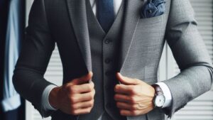 MAN wearing suit DRESS Dress Shirt, Jeans, and a Pocket Square