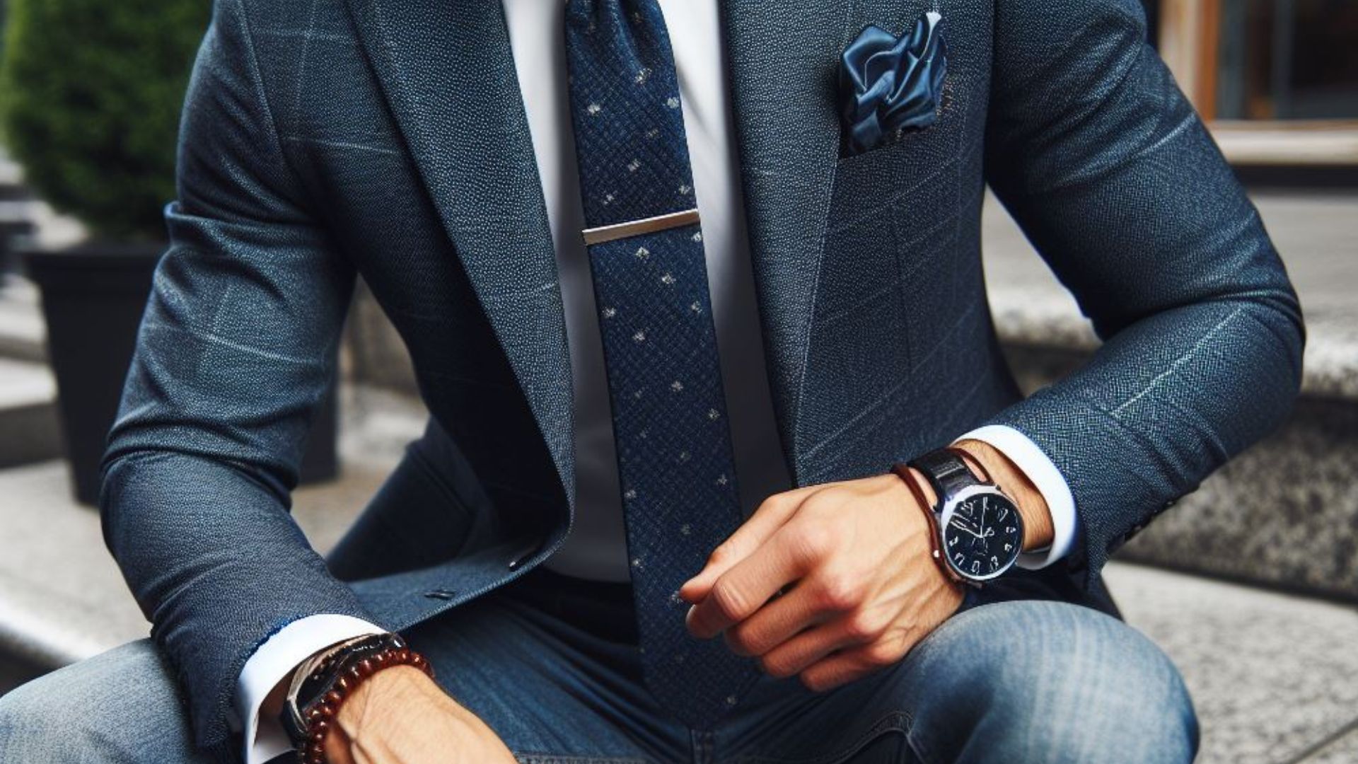 MAN wearing suit DRESS Dress Shirt, Jeans, and a Pocket Square