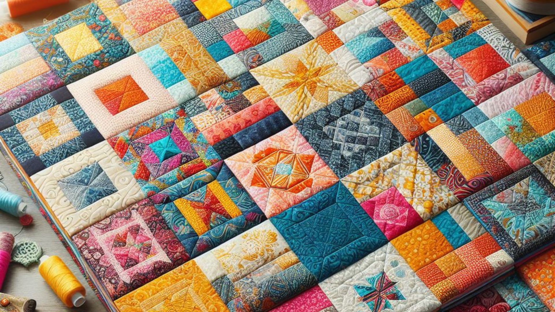 Quilting block from bright square pieces of fabrics, pincushion, stacks of square pieces of fabrics, quilting and sewing accessories m