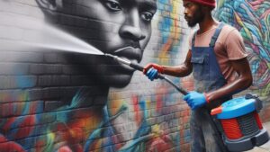 STREET ARTIST WASHING Cinder Wall WITH PRESSURE WASHER