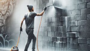 STREET ARTIST WASHING Cinder Wall WITH PRESSURE WASHER ,