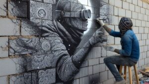 STREET ARTist Transferring Designs onto Cinder Block Walls