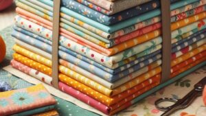 Stack of square pieces of colorful fabrics, accessories for quilting