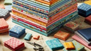 Stack of square pieces of colorful fabrics, accessories for quilting