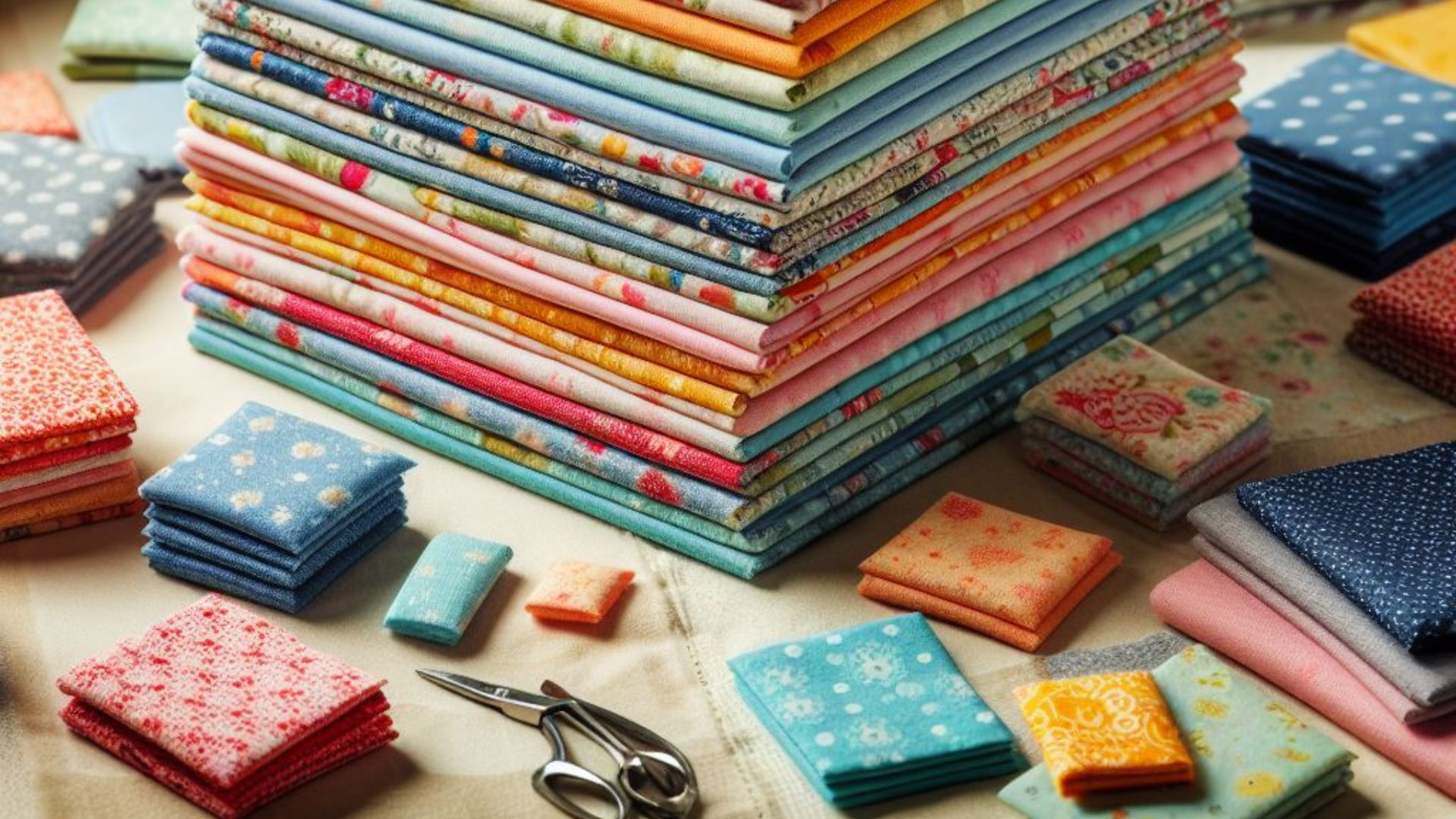 Stack of square pieces of colorful fabrics, accessories for quilting