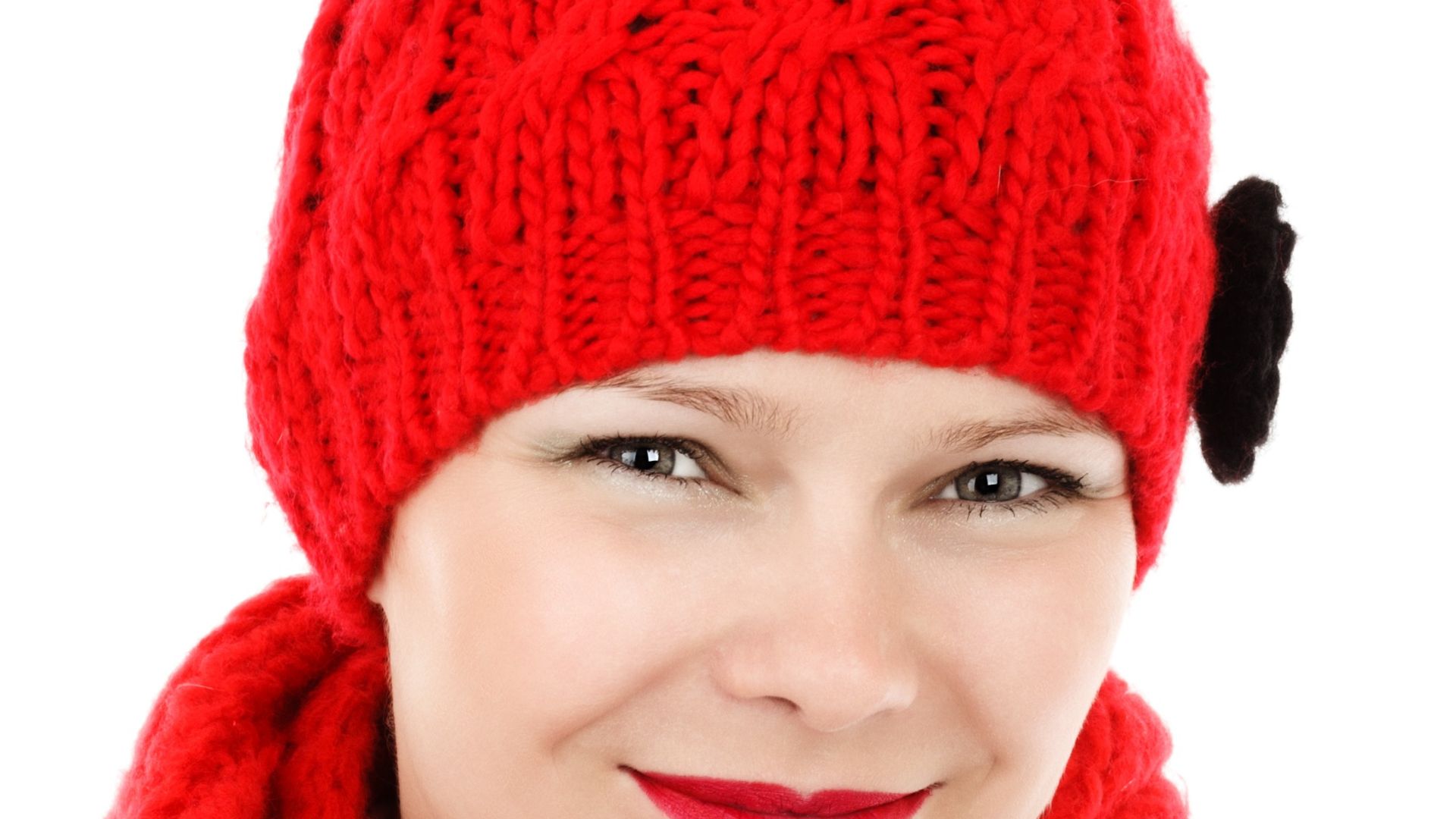 Woman in Red Crochet Knit Cap and Scarf