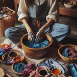 Woman Tie Dyeing Clothes sit inside a bowl