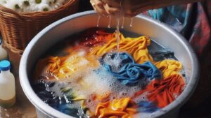 woman rinsing Tie-Dye in container Cold or Warm Water m