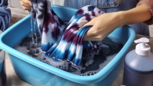 woman rinsing Tie-Dye in container Cold or Warm Water m.