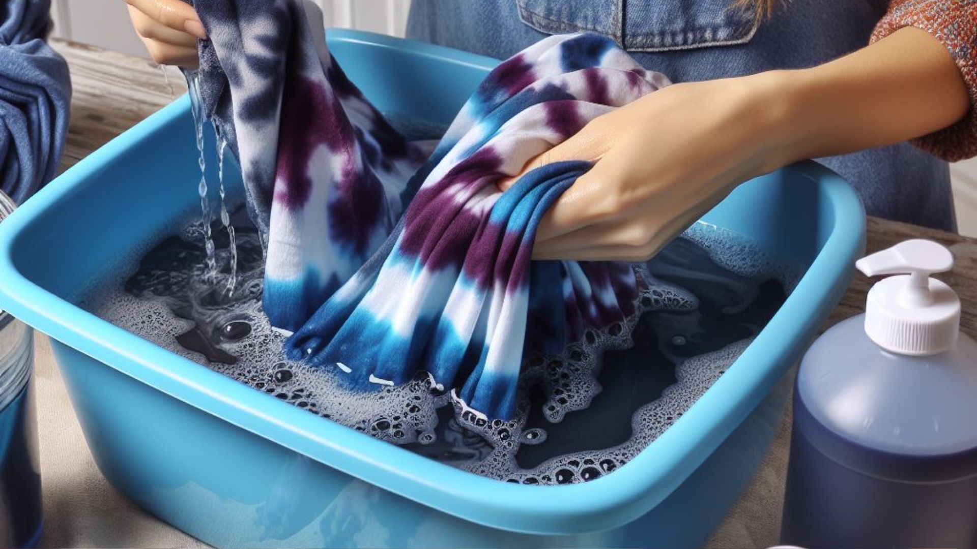 woman rinsing Tie-Dye in container Cold or Warm Water