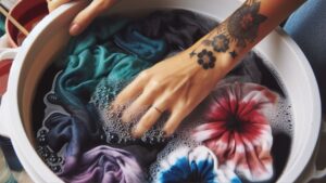 woman rinsing Tie-Dye in container Cold or Warm Water nn